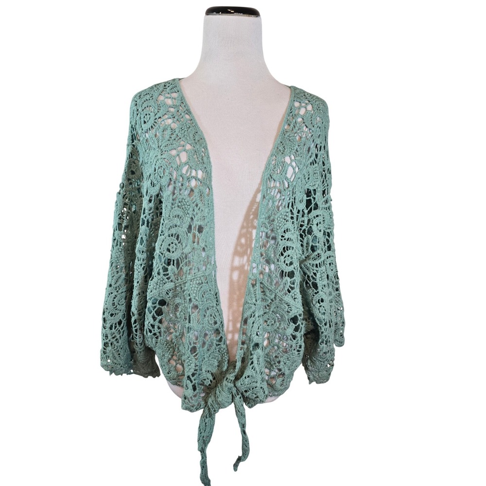 Raj Mint Green Floral Crochet Lace Tie Front Kimono Cardigan One Size New‎